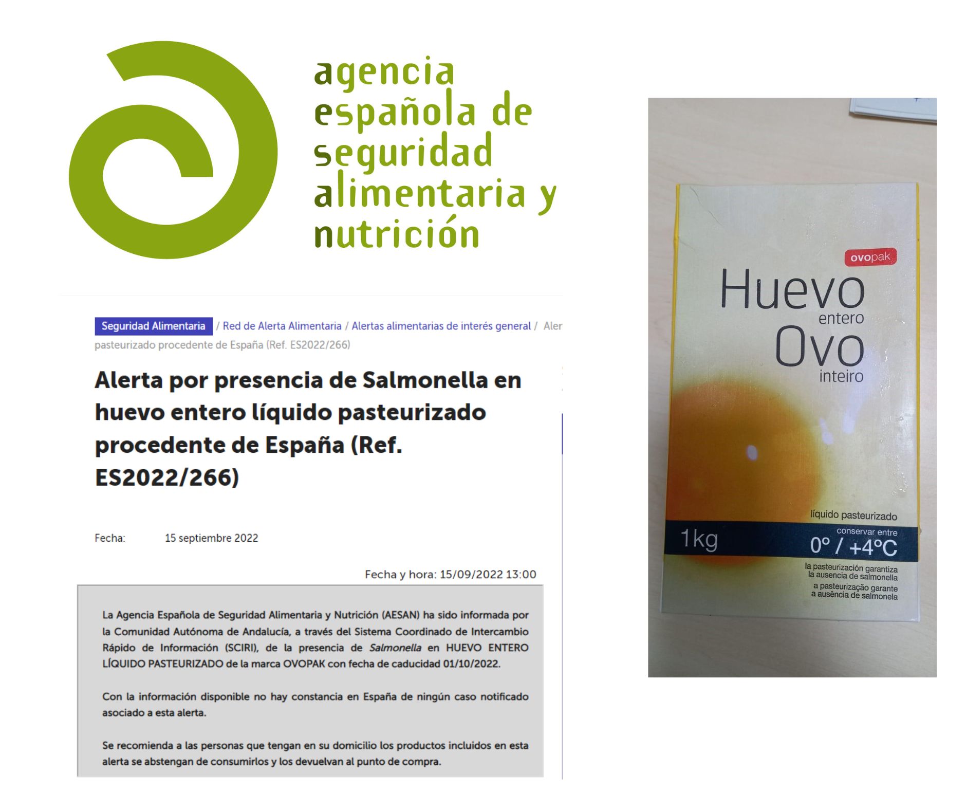 Salmonella En El Huevo Líquido De Ovopak (alerta AESAN)